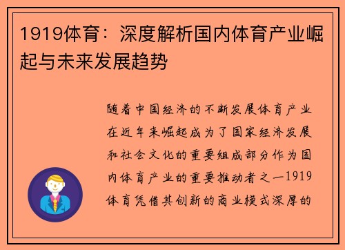 1919体育：深度解析国内体育产业崛起与未来发展趋势