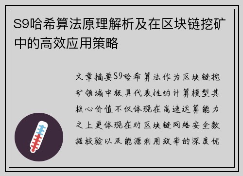 S9哈希算法原理解析及在区块链挖矿中的高效应用策略