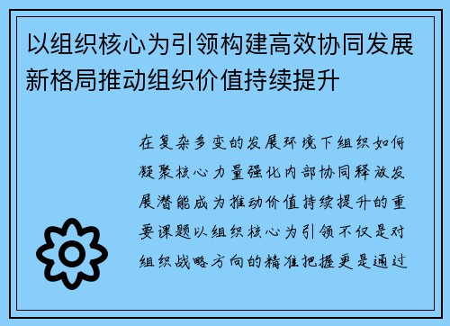 以组织核心为引领构建高效协同发展新格局推动组织价值持续提升 以组织核心为引领构建高效协同发展新格局推动组织价值持续提升